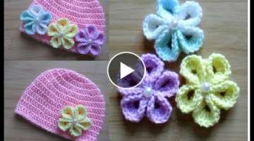 How to crochet Flower for basic baby hat 