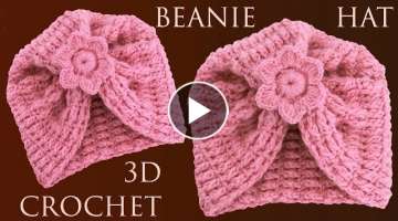 Gorro a Crochet con flor en punto drapeado 3D reversible 