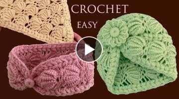 Como tejer a Crochet Paso a paso Punto Conchas de Abanico 3D para Gorros Diademas con ganchillo