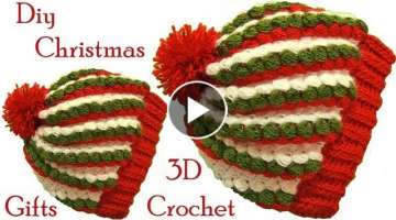 Gorro a Crochet punto 3D gomitas colores de Navidad tejido tallermanualperu