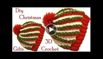 Gorro a Crochet punto 3D gomitas colores de Navidad tejido tallermanualperu