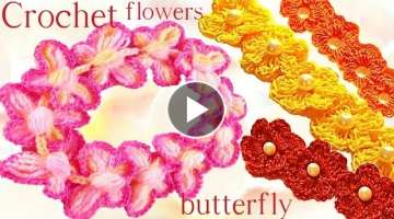Como tejer a ganchillo Crochet mariposas en relieve flores y diademas 